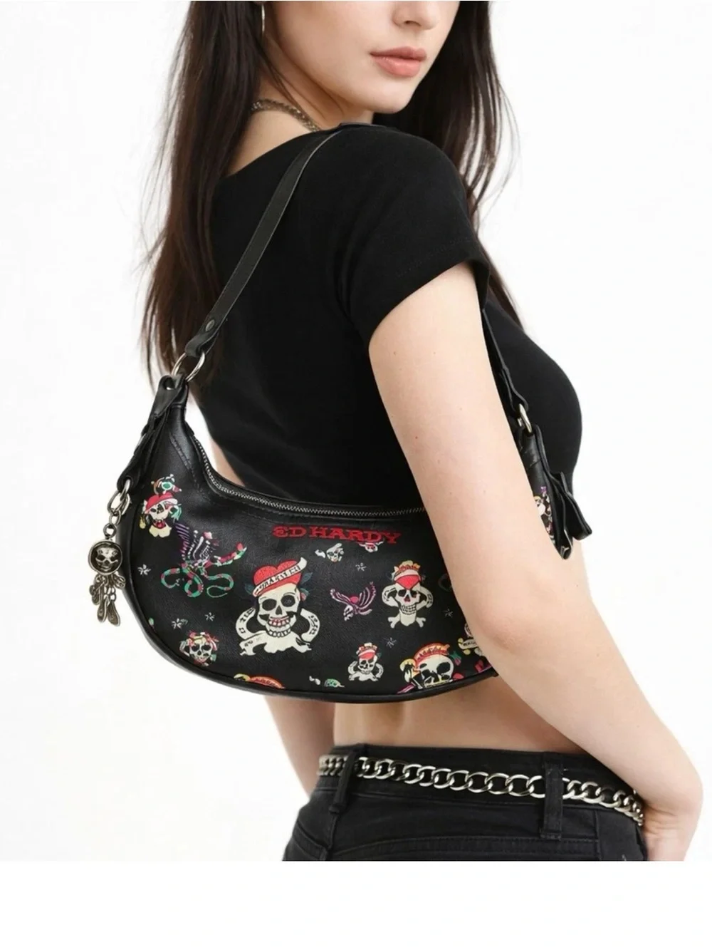 Ed Hardy Black Shoulder Bag with Red & White Skull Print